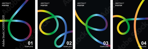 Abstract Posters Set with Vibrant Color Gradient Curved Thick Flowing Lines on Black Background, Futuristic Creative Design Templates, Vector Illustration.