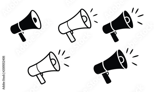 Megaphone icon set symbolizing promotion, marketing outreach, product advertising, sales announcement, social media amplification, public relations communication, and attention grabbing business 