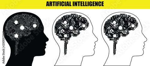 Artificial intelligence brain illustration in three styles black white and line art on transparent background.