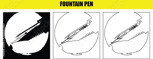 Fountain pen illustration in three styles black white and line art inside circle on transparent background.
