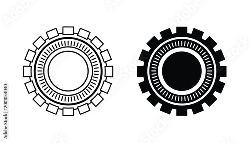 Mechanical gear cogwheel vector illustration with intricate inner details and teeth in both outline and solid black silhouette versions for industrial technology or engineering concepts