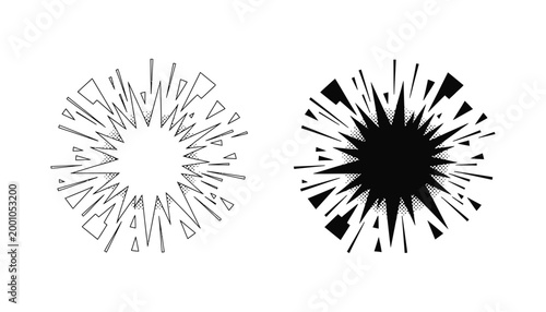 Comic style explosion burst vector illustration with halftone dot texture in both outline and solid black silhouette styles for action graphics and speech bubble designs