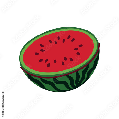 A ripe red watermelon cut in half, showing juicy pulp and black seeds. Perfect for botanical illustrations, grocery store advertisements, and healthy food design concepts.
