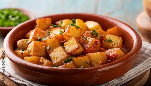 crispy patatas bravas golden brown potato cubes served in a rustic clay dish