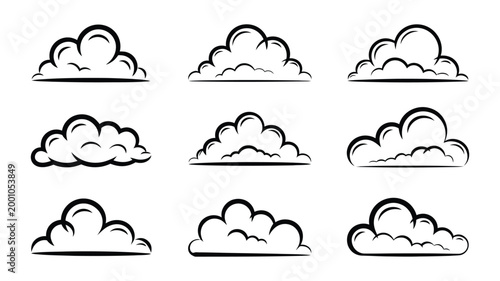 Black and White Cartoon Cloud Set, Collection of Nine Cute Cloud Shapes and Sizes, Professional Modern Weather Elements Isolated on a Clean White Background.