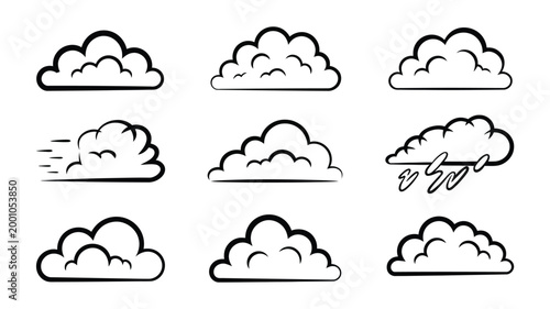 Cartoon Cloud Collection, Nine Black and White Cloud Icons in Various Shapes and Sizes, Cute Modern Weather Doodle Set Isolated on a Clean White Background, Vector Illustration.