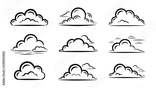 Cartoon Cloud Collection, Nine Black and White Cloud Icons in Various Shapes and Sizes, Cute Modern Weather Doodle Set Isolated on a Clean White Background, Vector Illustration.