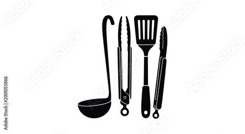 Black silhouette of kitchen utensils ladle tongs spatula and fork culinary tools