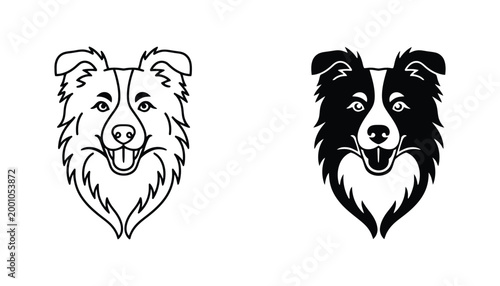 Border collie dog head portrait vector illustration with friendly expression in both outline and solid black silhouette styles for pet branding or veterinary logo concepts