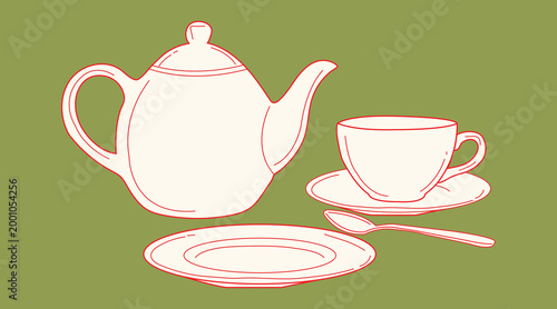 Illustration of ceramic teapot and teacup set with spoon and saucer in linear minimalist style on green background.