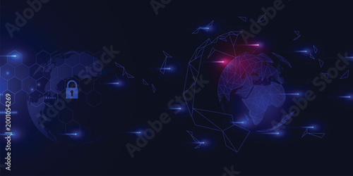 Digital global network connection with a security padlock icon