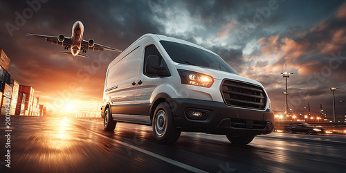 A high-speed logistics concept featuring a white commercial van speeding along a modern highway and a delivery plane flying over it