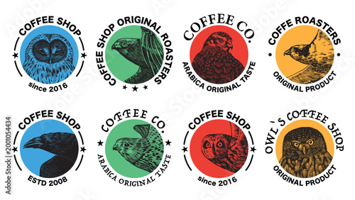 Hand drawn logo or emblem ideas for your coffee shop or branding. Birds in circles. Goshawk, Great grey, Ural tawny owl, kestrel and osprey.