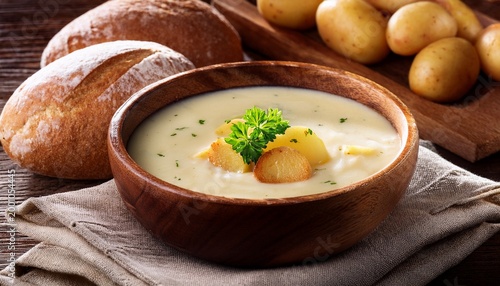 creamy potato soup in a wooden bowl with bread rolls on table