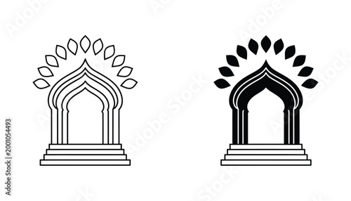 Decorative arched doorway vector illustration with leaf ornaments and tiered steps in both outline and solid black silhouette styles for architectural or cultural design projects