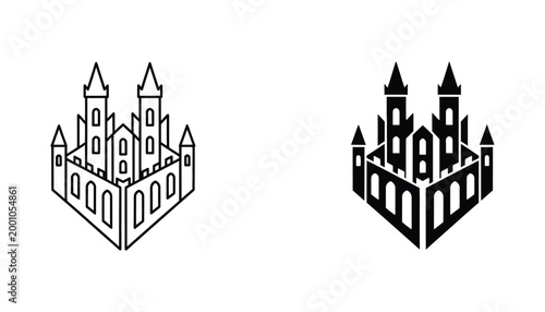 Isometric castle fortress vector illustration featuring tall towers and defensive walls in both outline and solid black silhouette styles for fantasy gaming or architectural concepts