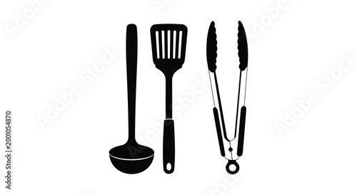 Black silhouette of kitchen utensils spatula grill tool and tongs