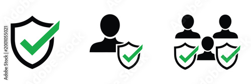 User profile with shield symbol and approved check mark icons representing secure authentication, trusted accounts, data protection, safe access, security validation, and verified user status