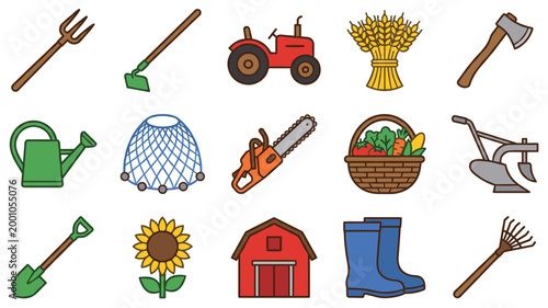 Farming and Agriculture Labor Day Icon Set with Pitchfork, Tractor, Wheat, Watering Can, Chainsaw, Vegetable Basket, Plow, Sunflower, Red Barn, Rain Boots and Garden Rake Vector