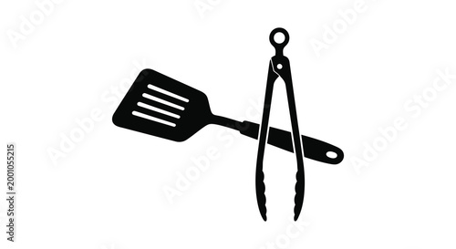 Black silhouette of kitchen utensils spatula and tongs minimalist design