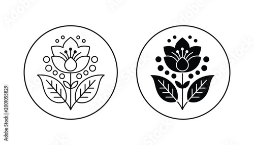 Stylized floral blossom vector illustration inside a circle with decorative dots and leaves in both outline and solid black silhouette styles for botanical branding or logo design