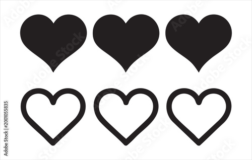 Collection of simple filled and outline heart shapes in black and white for design elements.