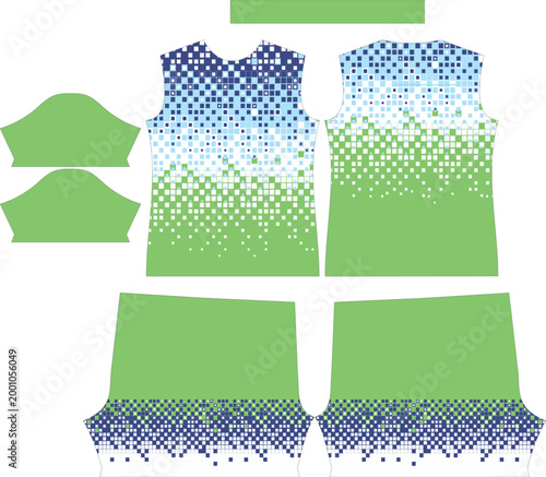 Green and Blue Sports Jersey Template with Digital Pixel Mosaic Pattern
