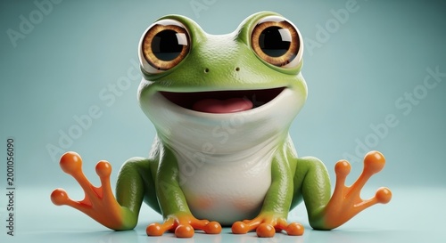 Cute green tree frog character with big eyes and friendly smile sitting on blue background.