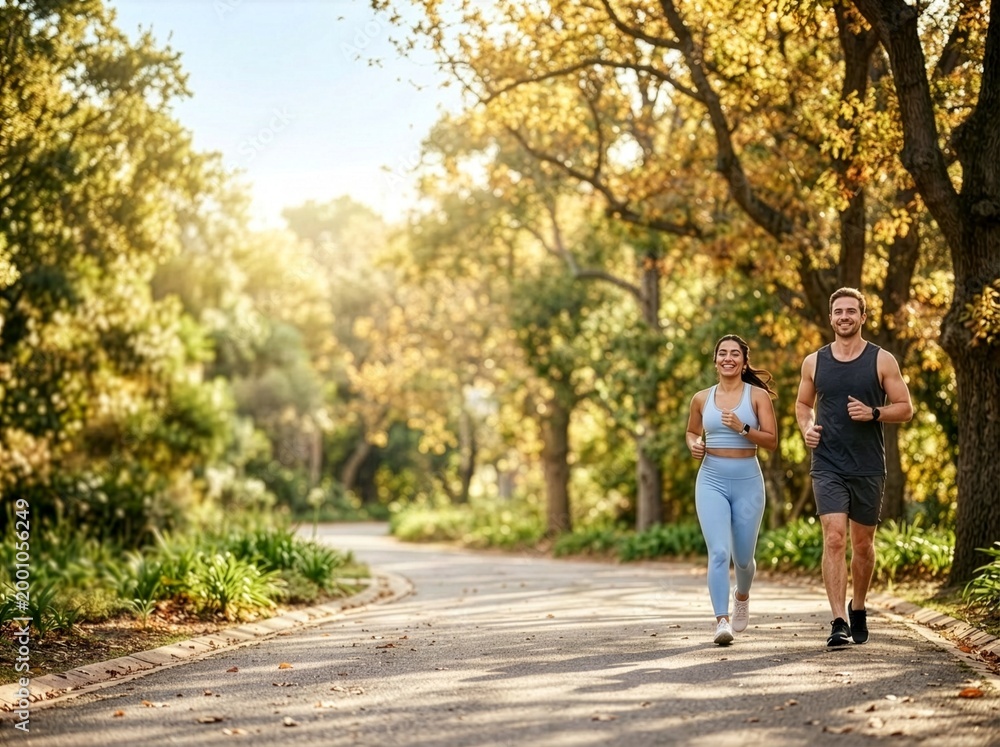 Obraz premium Friends Jogging in Park at Golden Hour, Outdoor Fitness and Healthy Lifestyle Concept