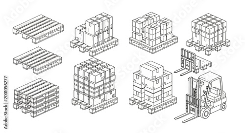 Isometric illustration of pallets boxes and a forklift in a black and white line drawing