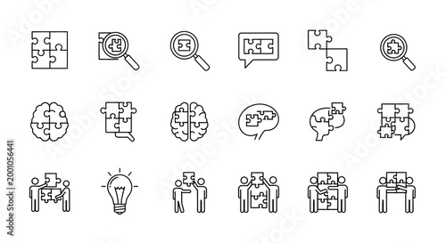Puzzle pieces and problem solving a collection of line art icons representing strategy and collaboration