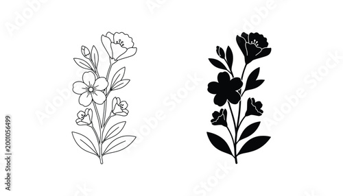Vertical floral branch arrangement with blooming flowers and leaves in black and white line art and silhouette styles for decorative botanical graphic design