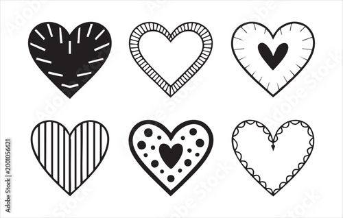 Stylized black heart icons collection with diverse patterns including stripes dots and hand drawn art.