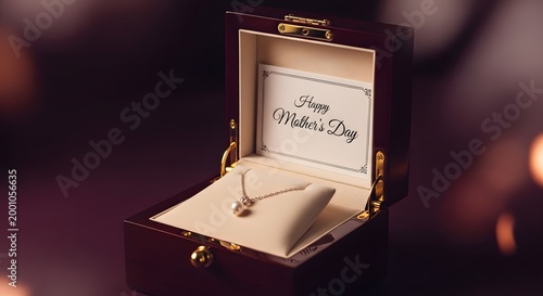 elegant mother's day gift box with gold necklace and card on dark background