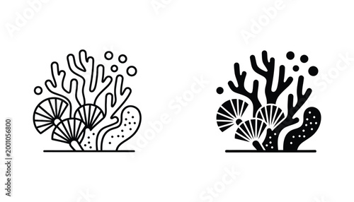 Underwater coral reef scene with fan corals and bubbles in black and white line art and silhouette styles for marine life and ocean conservation graphic design