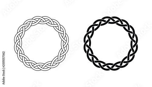 Circular celtic knot vector design showing intricate braided rope patterns in black and white line art styles for traditional decorative emblem applications