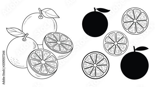 Orange fruit icon set, citrus vector collection with linear and silhouette styles featuring fresh orange slices for healthy food, nutrition, juice branding, and organic diet design concepts