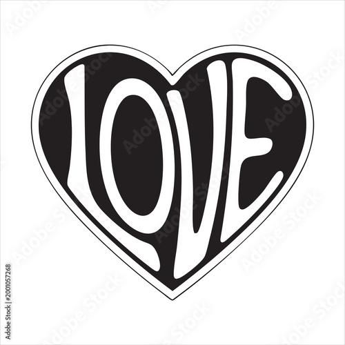 Black and white love heart typography lettering, graphic design isolated on white background.