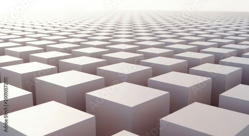 Abstract background with a repeating pattern of white 3d cubes or boxes in an endless array with a bright light on the horizon.