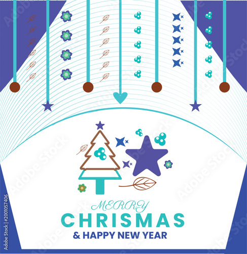 Merry Christmas and Happy New Year greeting card vector, festive holiday background with stylized pine tree and stars, winter celebration poster
