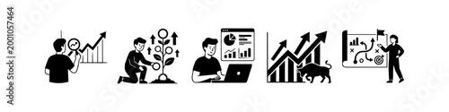 Set of hand-drawn icons representing mobile learning, online education, and study apps on smartphones. Minimalist line art for e-learning, academic courses, and digital training concepts.