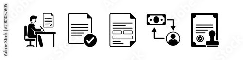 Set of black and white vector icons representing business document processes, including signing contracts, approval, form filling, financial transactions, and official certification.