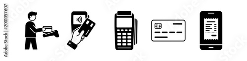 Photos Collection of payment icon vectors featuring credit cards, POS terminals, contactless technology, and digital receipts on smartphones
