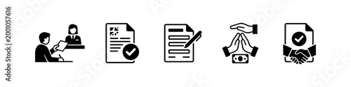 Set of minimalist black business icons representing document signing, contract approval, insurance protection, handshakes, and client meetings for legal and financial services.