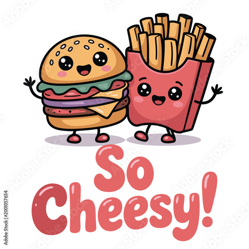 Cheesy burger and fries cartoon characters with playful text high-quality