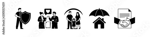 Professional set of black and white insurance icons featuring protection, family safety, home security, and business agreement themes. Ideal for finance and service industry design concepts.
