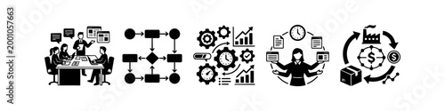 Collection of black and white business process icons showing teamwork, workflow diagrams, time management, multitasking, and supply chain logistics for operational excellence.
