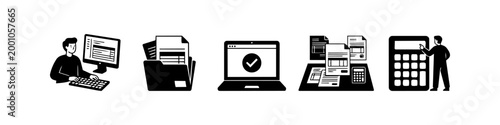 Set of black and white icons depicting business accounting, financial management, and office tasks including data entry, file organization, and tax preparation with minimalist illustrations.