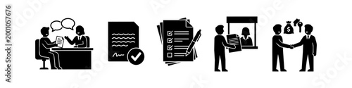Black silhouette icons depicting a real estate or business process from initial consultation and document signing to final agreement and property keys exchange.