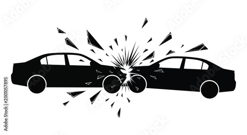 Dramatic car crash silhouette a head on collision depicting impact and shattered glass